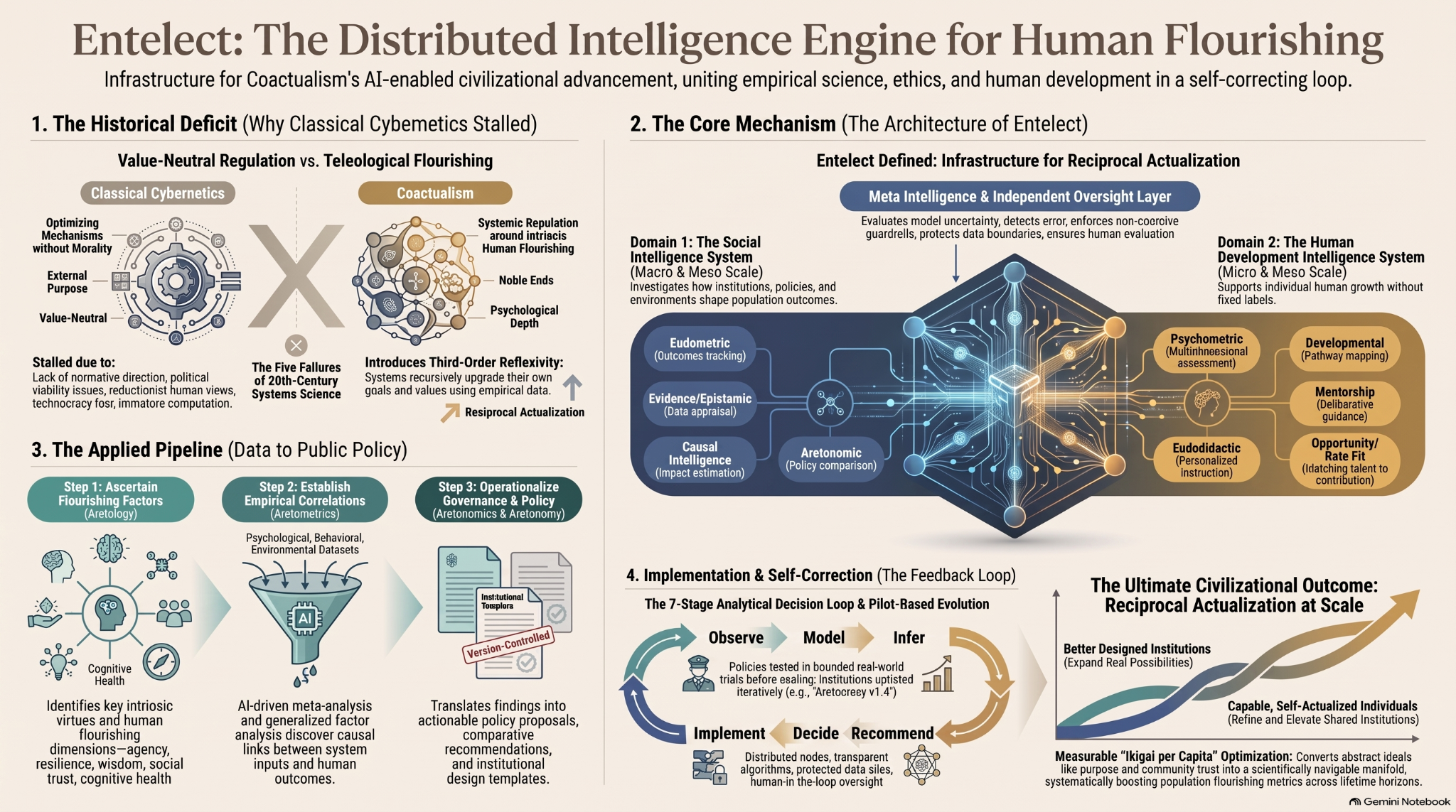 Entelect overview: social research and personal learning connect through shared oversight. Evidence informs policy trials, results guide revisions, and improvements to institutions and individual capabilities reinforce each other.